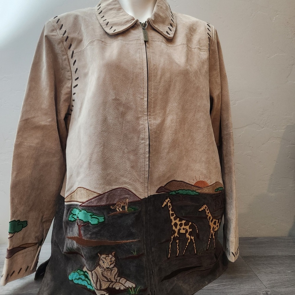 Vintage Quacker Factory‎ Leather Jacket Size XL  Embroidered Safari Animal Print
